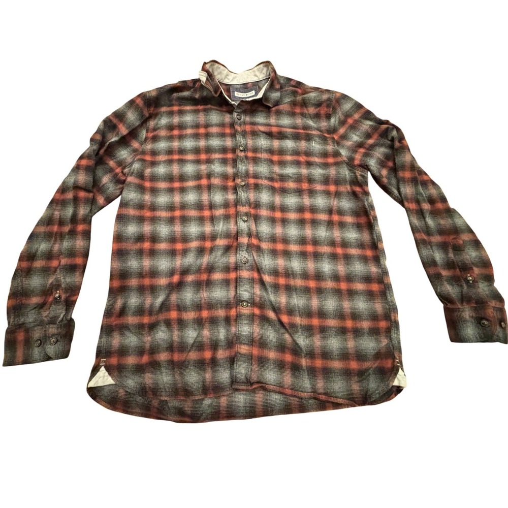 32 Bar Blues Mens Large Plaid Flannel Button Down Shirt Orange Grey Long Sleeve